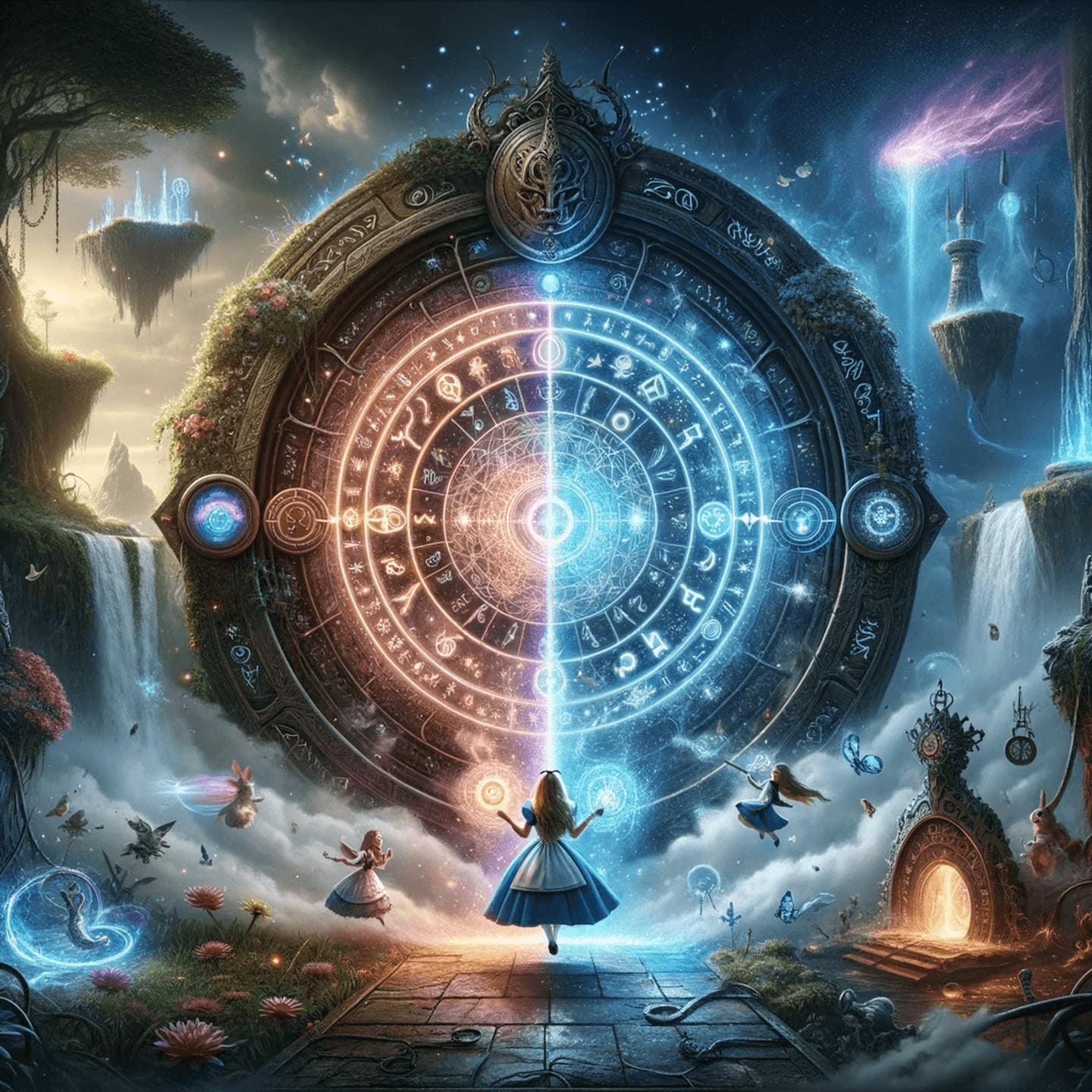 Create_an_epic_and_dark_illustration_featuring_Alice_from_Alice_in_Wonderland_actively_engaged_in_the_process_of_synchronizing_two_different_worlds._.png
