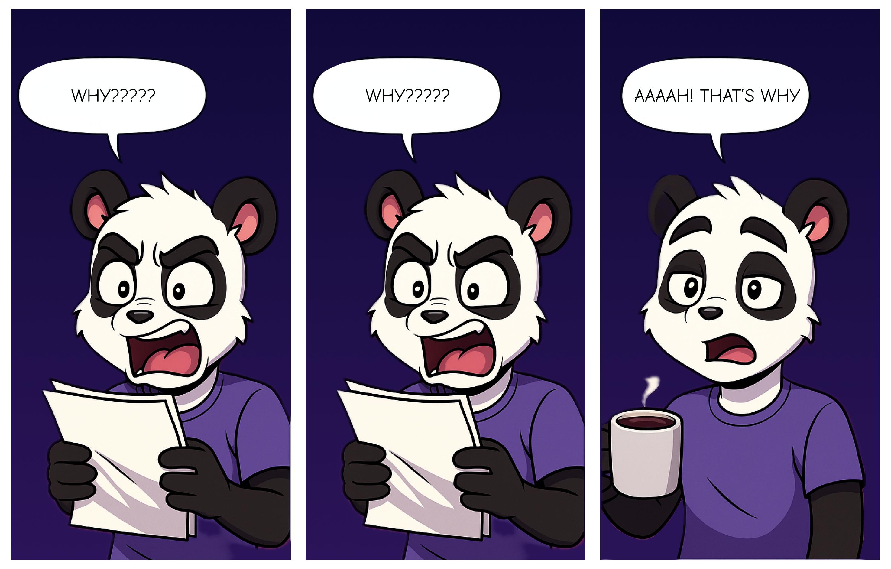 A panda developer frustrated with code, then realising the importance of following best practices