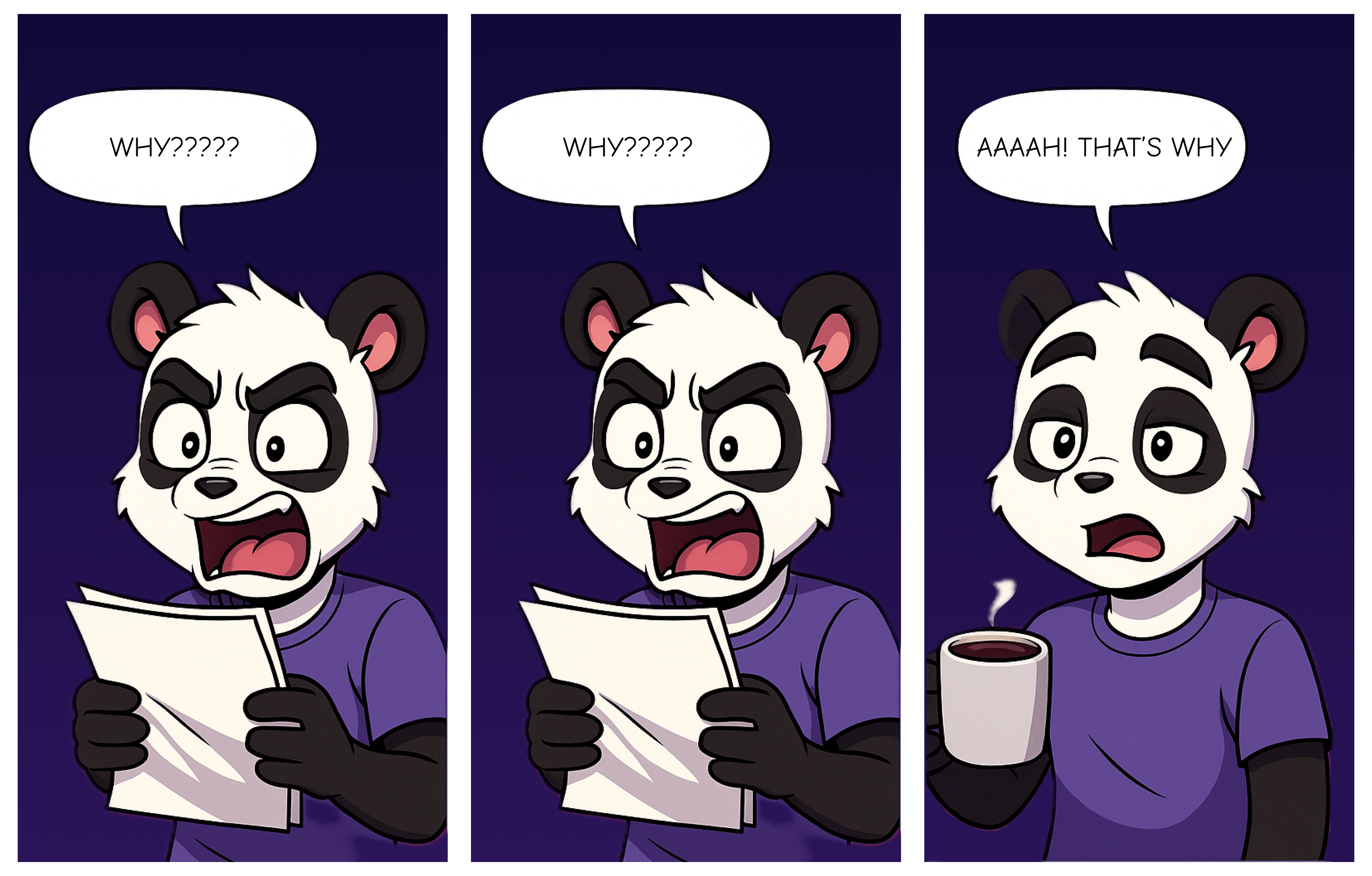 A panda developer frustrated with code, then realizing the importance of following best practices