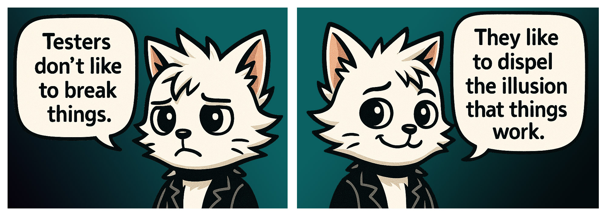 A white cat in a black jacket contrasts the misconception that testers break things with the idea that they reveal hidden issues.